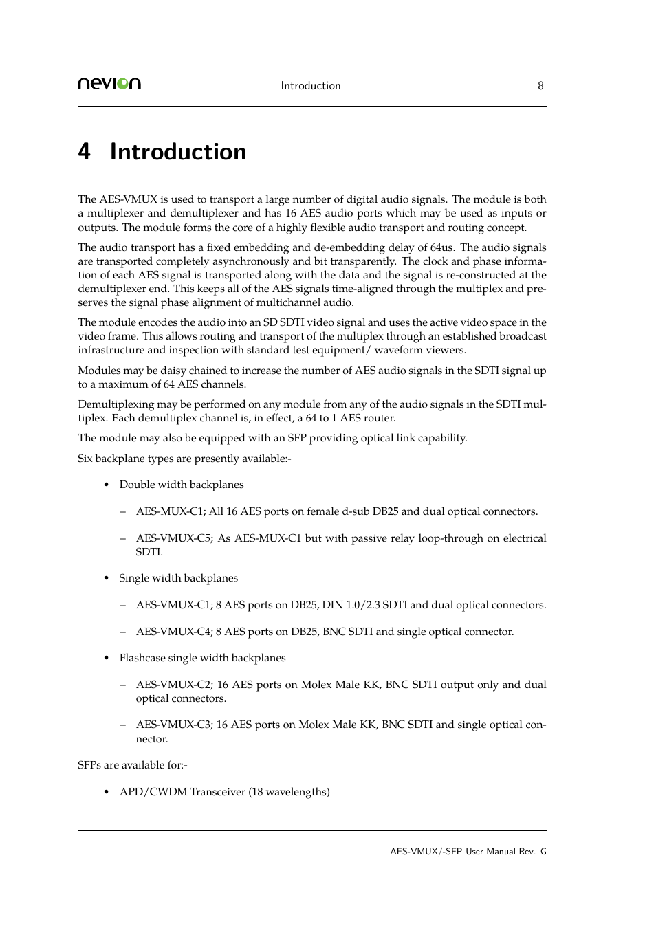 4 4.1 the nevion sdti audio concept, Introduction, 4 introduction | Nevion AES-VMUX User Manual | Page 8 / 37