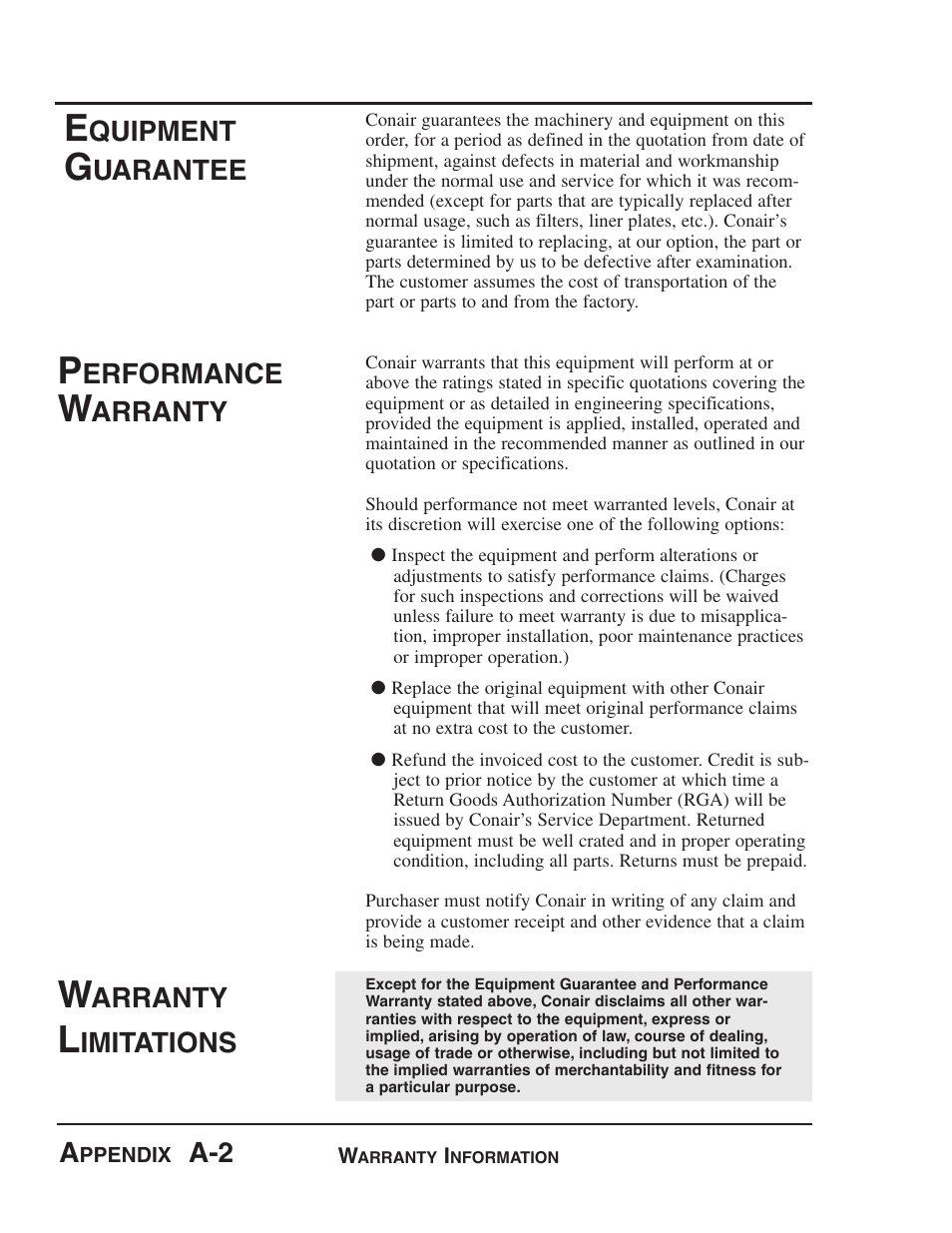 Quipment, Uarantee, Erformance | Arranty, Imitations | Conair Dust Collector Size 3 User Manual | Page 14 / 14