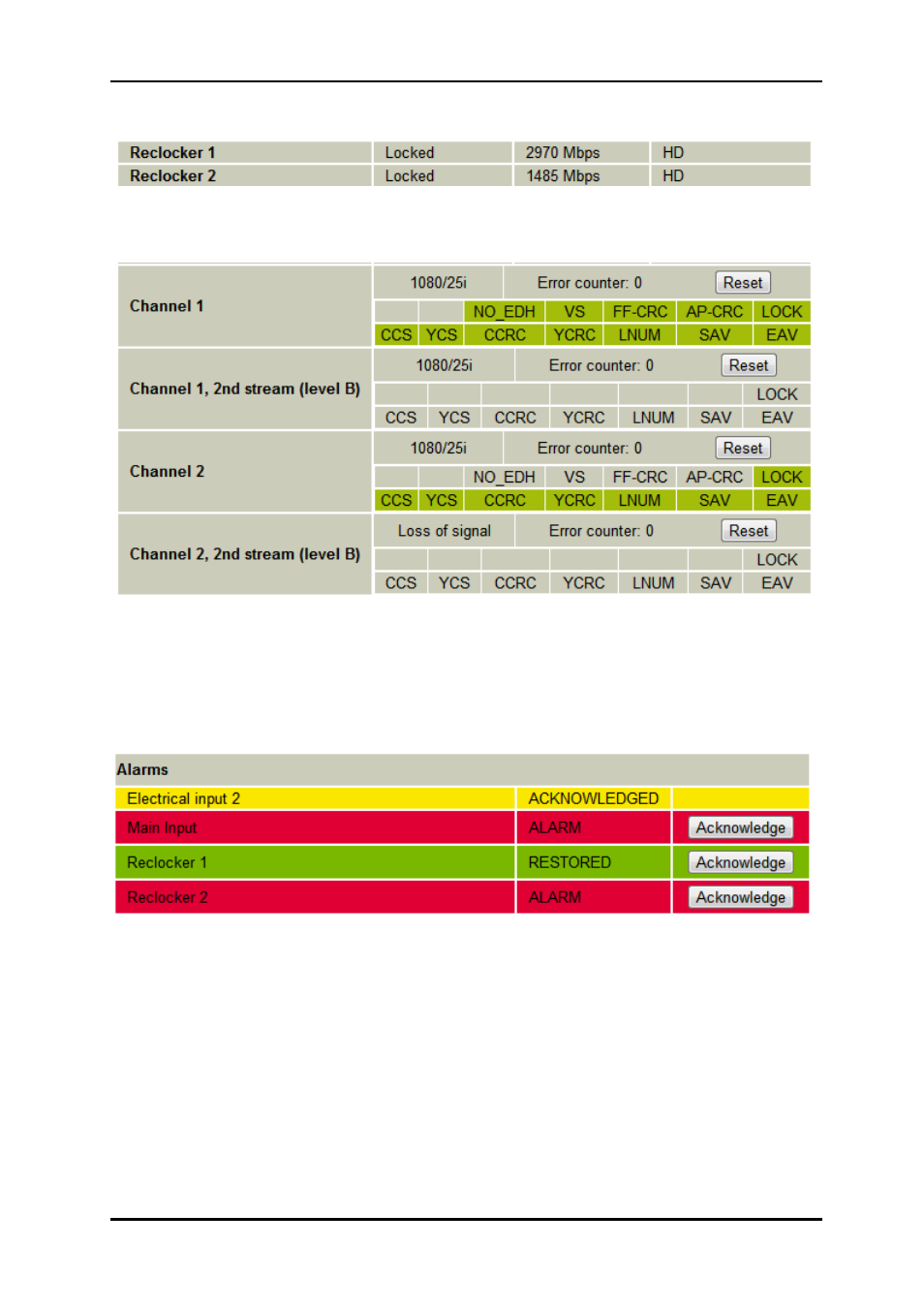 5 reclocker, 6 video analyzer, 7 alarms | Nevion 3GHD-CHO-2x4 User Manual | Page 12 / 24