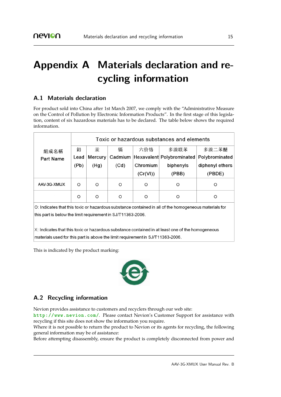 A materials declaration and recycling information, A.1 materials declaration, A.2 recycling information | Materials declaration, Recycling information | Nevion AAV-3G-XMUX User Manual | Page 15 / 16