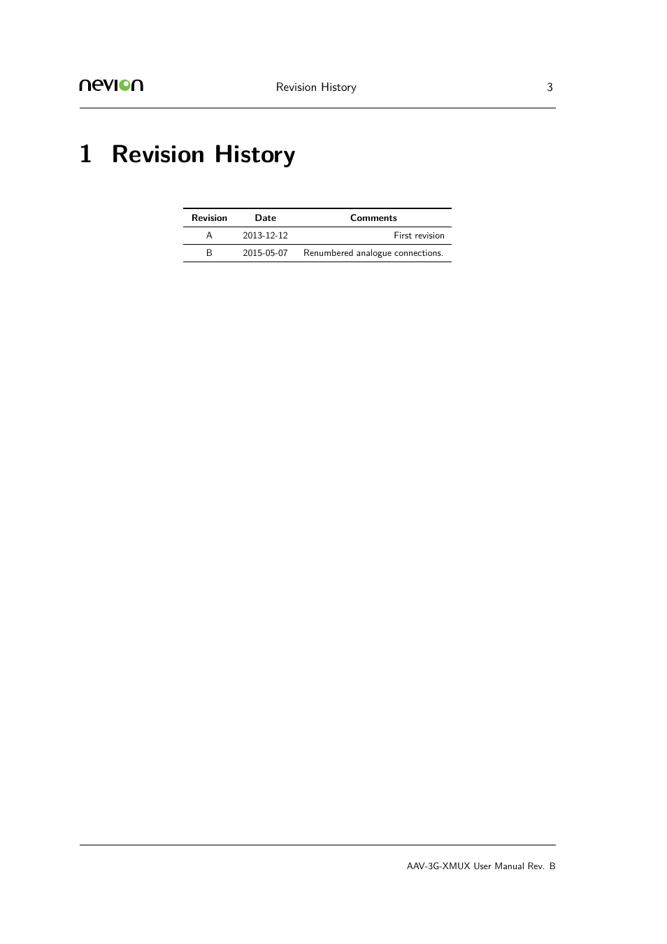 1 2.1 summary, Revision history, 1 revision history | Nevion AAV-3G-XMUX User Manual | Page 3 / 16