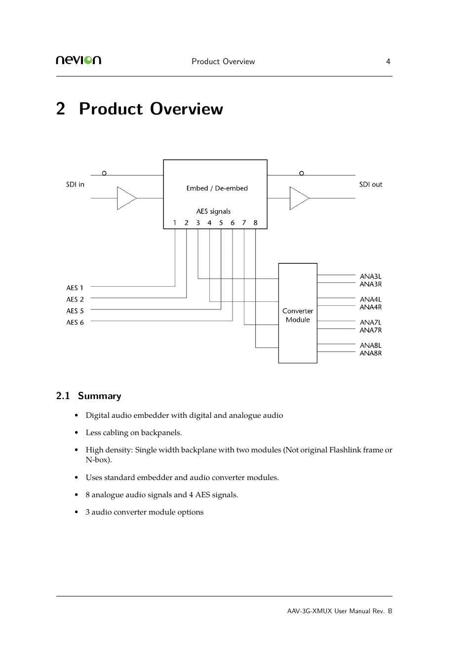 2 product overview, 1 3 introduction, Product overview | Summary | Nevion AAV-3G-XMUX User Manual | Page 4 / 16