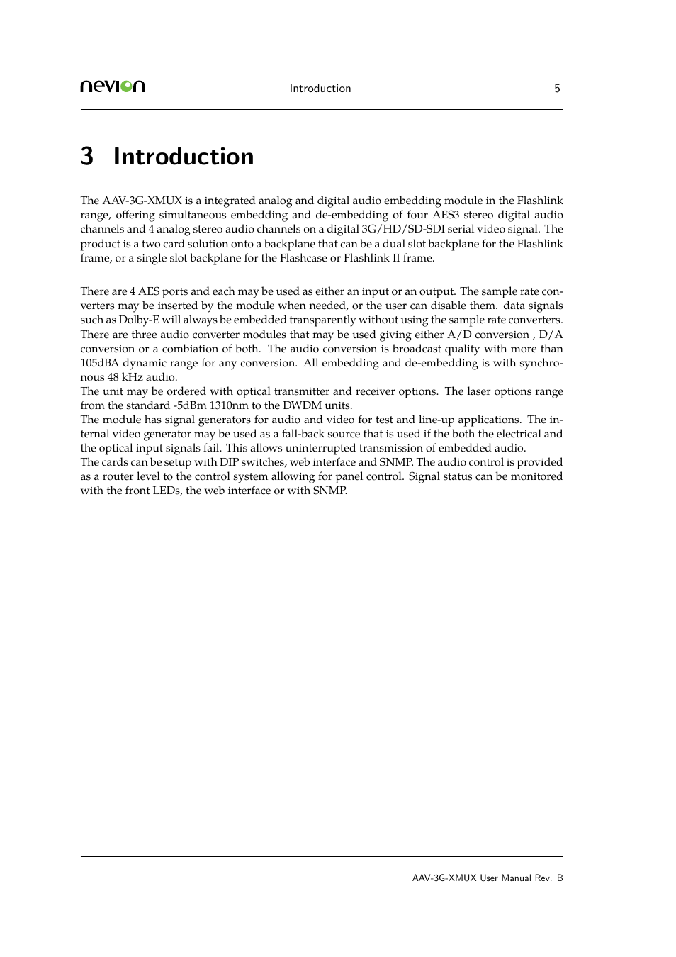 3 3.1 aav-3g-xmux-c1, Introduction, 3 introduction | Nevion AAV-3G-XMUX User Manual | Page 5 / 16