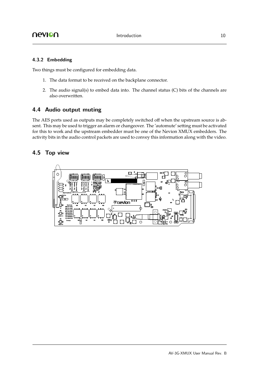 2 embedding, 4 audio output muting, 5 5.1.2 optical input-pin | Embedding, Audio output muting, Top view, 5 top view | Nevion AV-3G-XMUX User Manual | Page 10 / 42