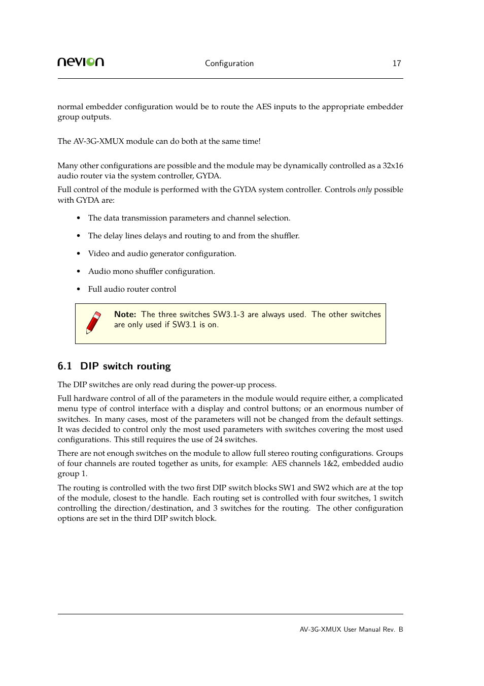 1 6.1.1 aes direction/destination selection, Dip switch routing, 1 dip switch routing | Nevion AV-3G-XMUX User Manual | Page 17 / 42