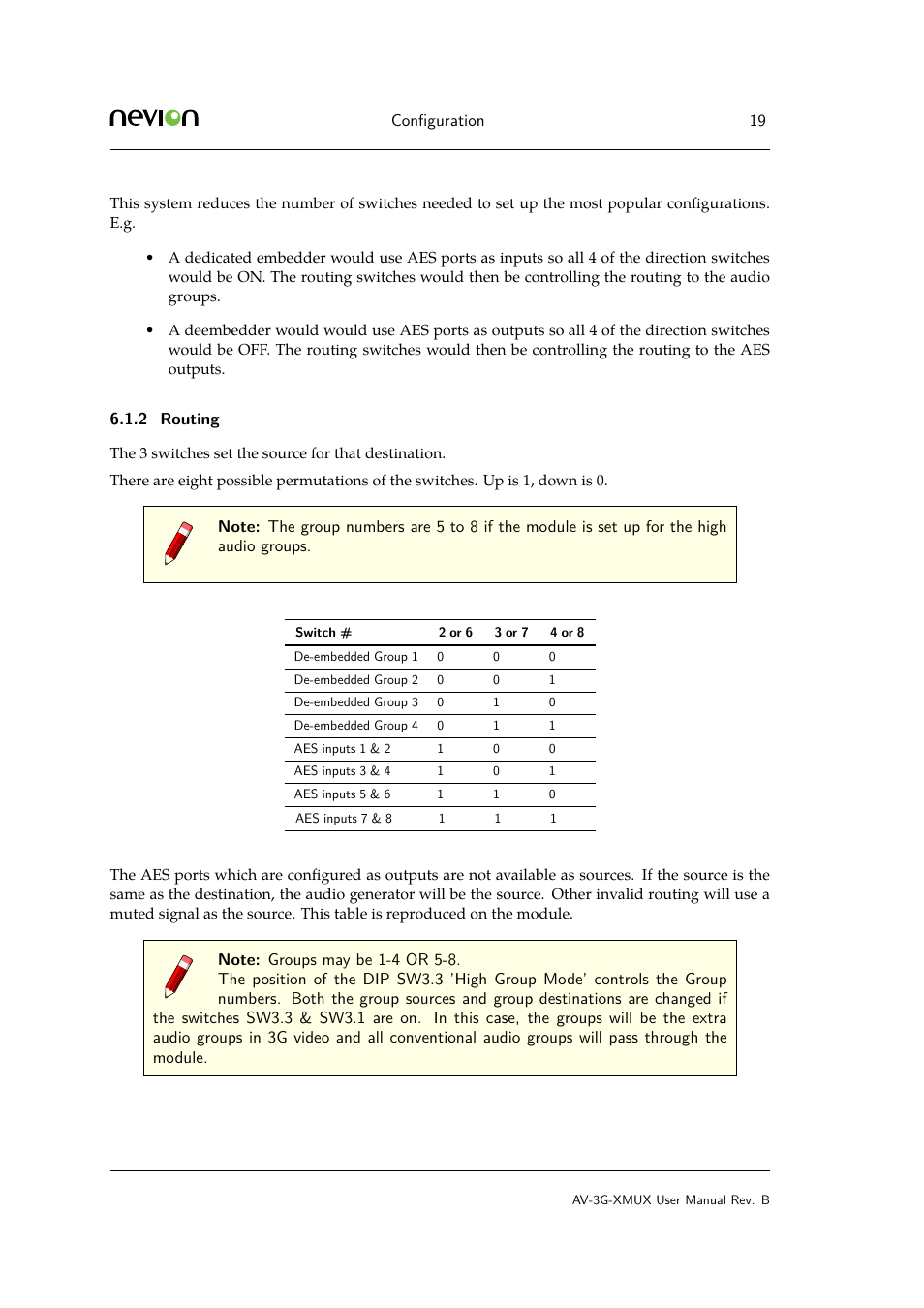 2 6.2.3 3g high group mode sw3.3, Routing | Nevion AV-3G-XMUX User Manual | Page 19 / 42