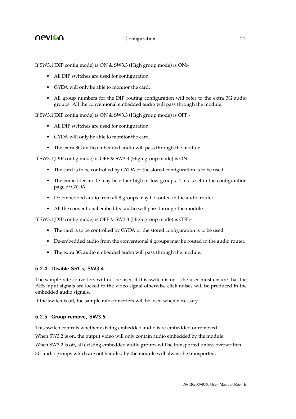 4 disable srcs, sw3.4, 5 6.3 dip configuration examples, Disable srcs, sw3.4 | Group remove, sw3.5 | Nevion AV-3G-XMUX User Manual | Page 21 / 42