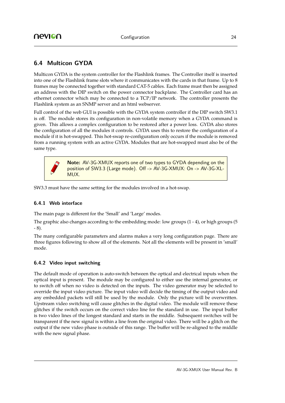 4 multicon gyda, 1 web interface, 2 6.4.3 video generator | Multicon gyda, Web interface, Video input switching | Nevion AV-3G-XMUX User Manual | Page 24 / 42