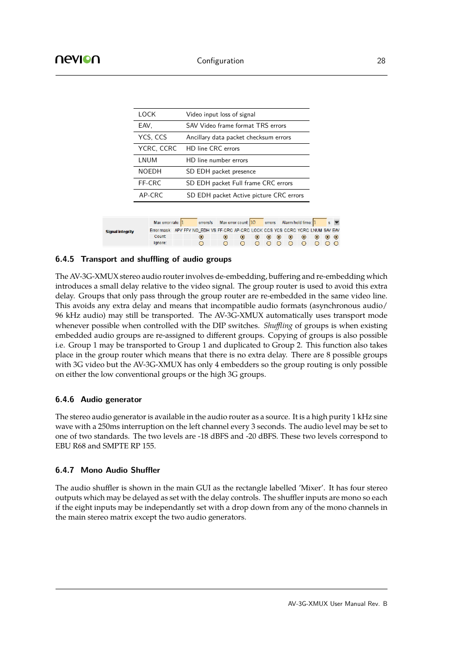 5 transport and shuffling of audio groups, 6 audio generator, 7 6.4.8.1 time code auto display | Transport and shuﬄing of audio groups, Audio generator, Mono audio shuﬄer | Nevion AV-3G-XMUX User Manual | Page 28 / 42