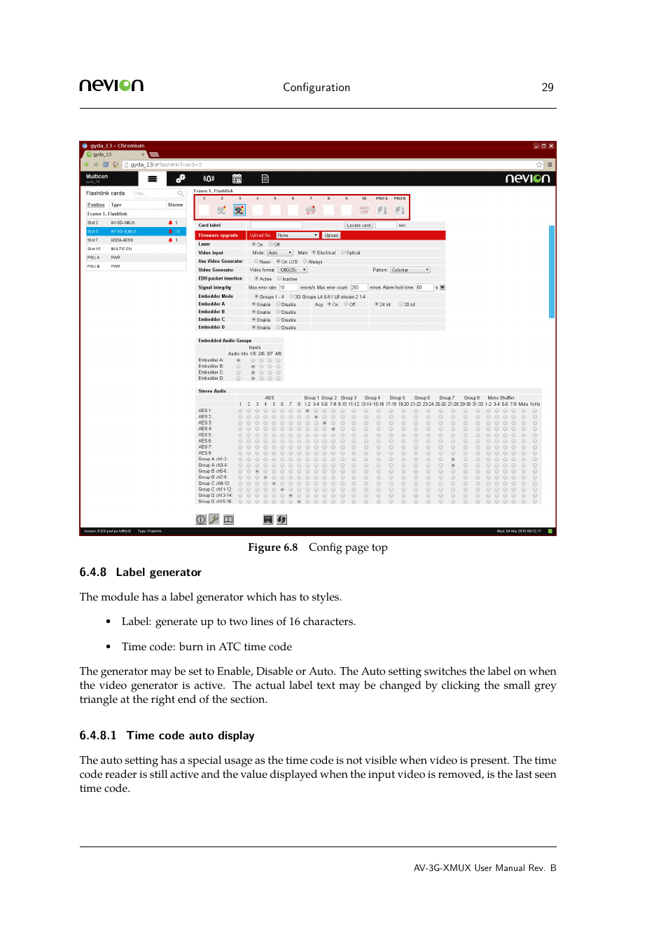 8 label generator, Label generator, Time code auto display | Nevion AV-3G-XMUX User Manual | Page 29 / 42