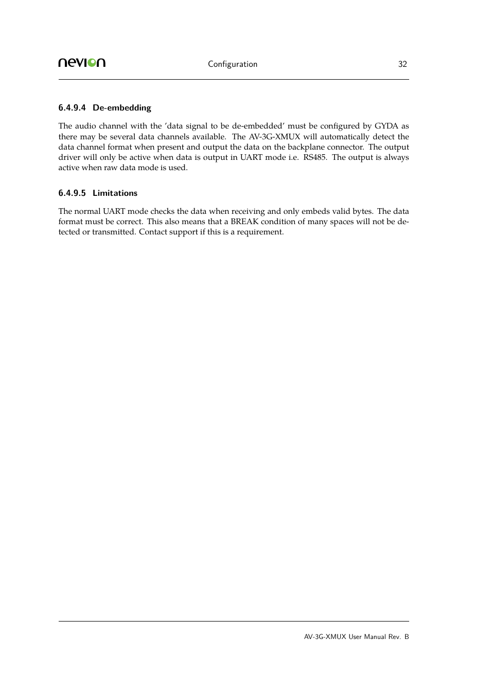 De-embedding, Limitations | Nevion AV-3G-XMUX User Manual | Page 32 / 42