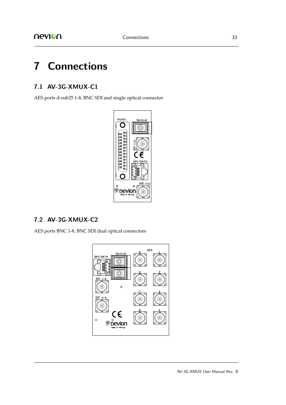 7 connections, 1 av-{}3g-{}xmux-{}c1, 2 7.4 db-25 | Connections, Av-3g-xmux-c1, Av-3g-xmux-c2 | Nevion AV-3G-XMUX User Manual | Page 33 / 42