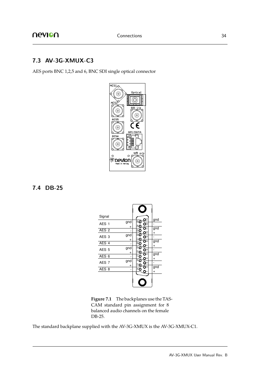 3 av-{}3g-{}xmux-{}c3, 4 db-{}25, Av-3g-xmux-c3 | Db-25, 3 av-3g-xmux-c3, 4 db-25, Connections 34 | Nevion AV-3G-XMUX User Manual | Page 34 / 42