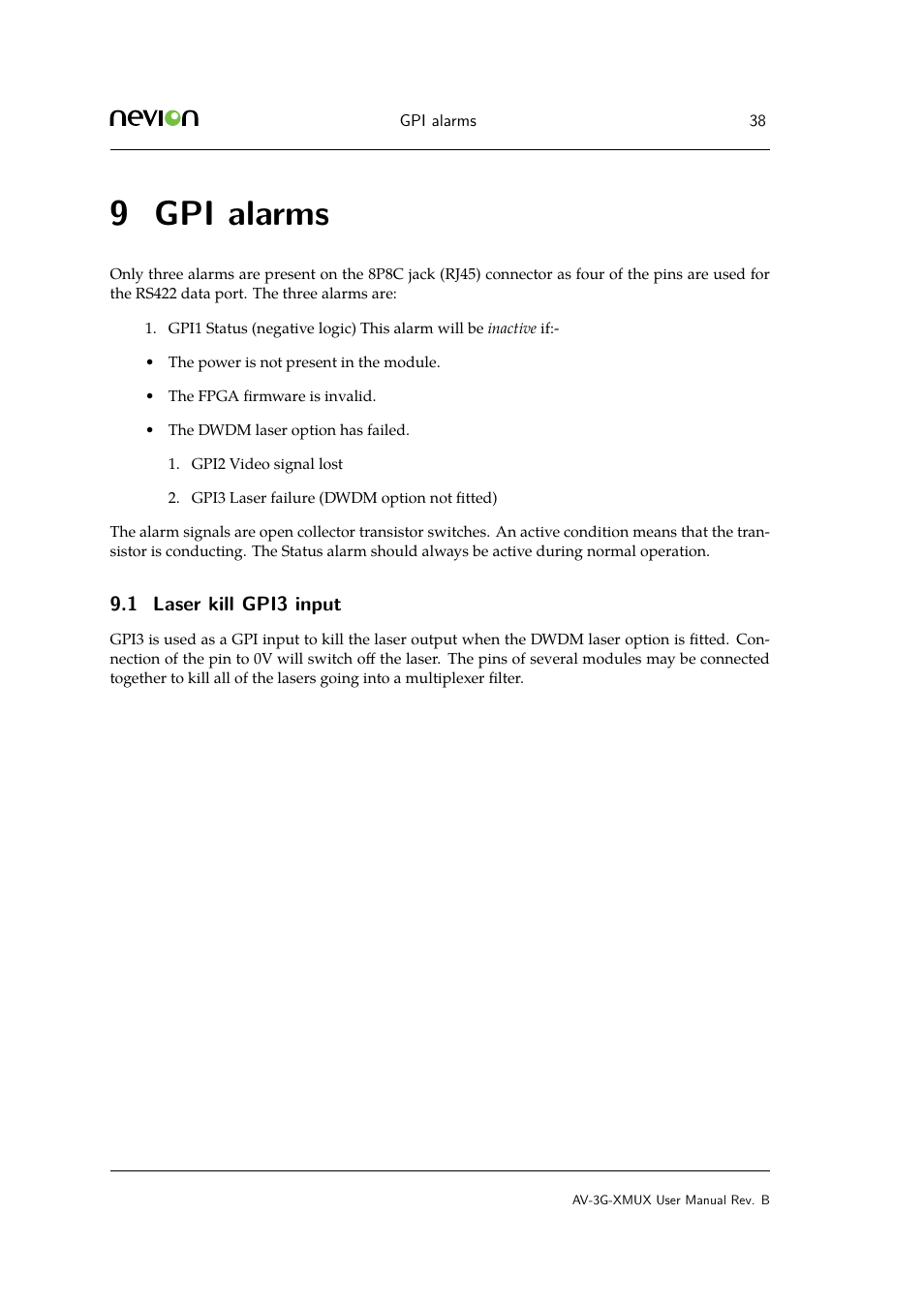 9 gpi alarms, 1 10 general environmental requirements, Gpi alarms | Laser kill gpi3 input, 1 laser kill gpi3 input | Nevion AV-3G-XMUX User Manual | Page 38 / 42