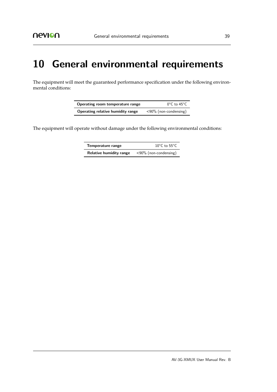 10 11 product warranty, 10 general environmental requirements | Nevion AV-3G-XMUX User Manual | Page 39 / 42