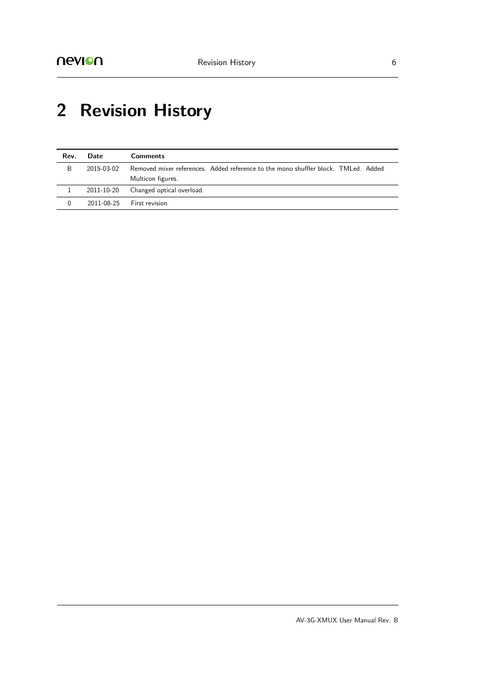 2 3.1 summary, Revision history, 2 revision history | Nevion AV-3G-XMUX User Manual | Page 6 / 42