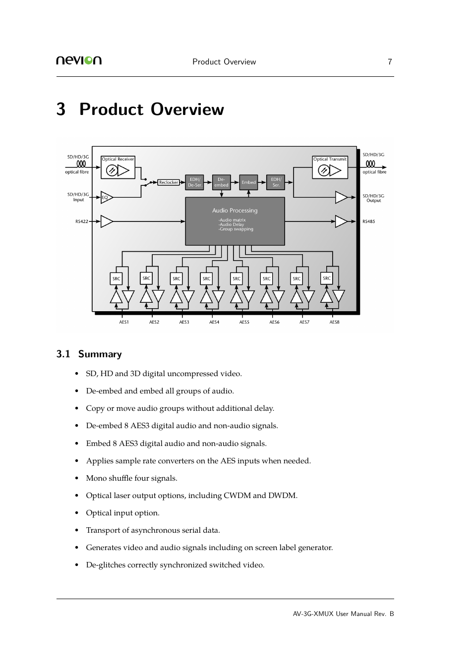 3 product overview, 1 4.1.1 large mode, Product overview | Summary | Nevion AV-3G-XMUX User Manual | Page 7 / 42