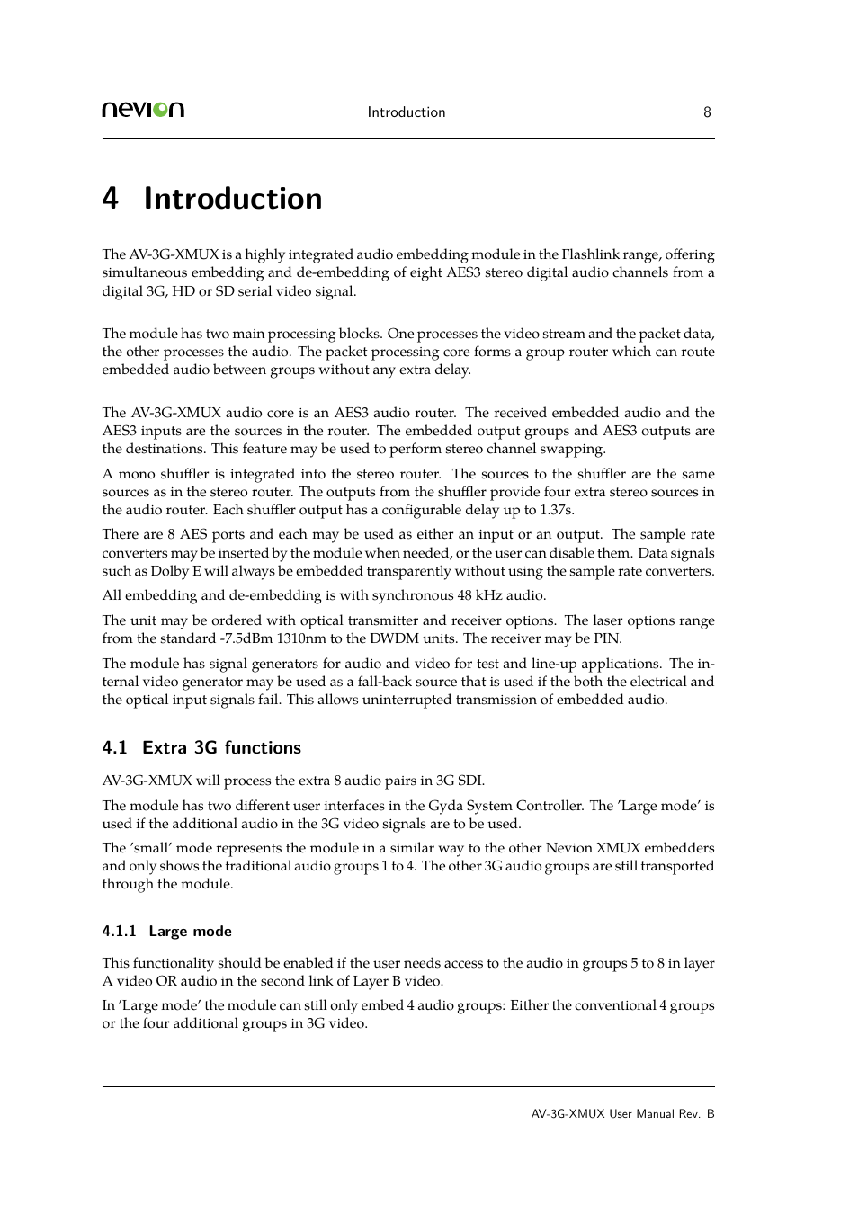 4 introduction, 1 extra 3g functions, 1 4.3.1 de-embedding | Introduction, Extra 3g functions, Large mode | Nevion AV-3G-XMUX User Manual | Page 8 / 42