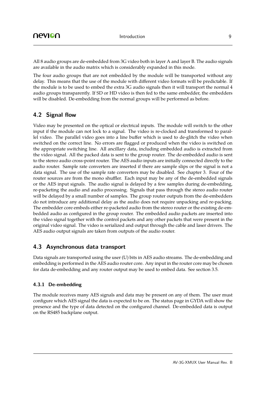 2 signal flow, 3 asynchronous data transport, 1 4.5 top view | Signal ﬂow, Asynchronous data transport, De-embedding, 2 signal ﬂow | Nevion AV-3G-XMUX User Manual | Page 9 / 42