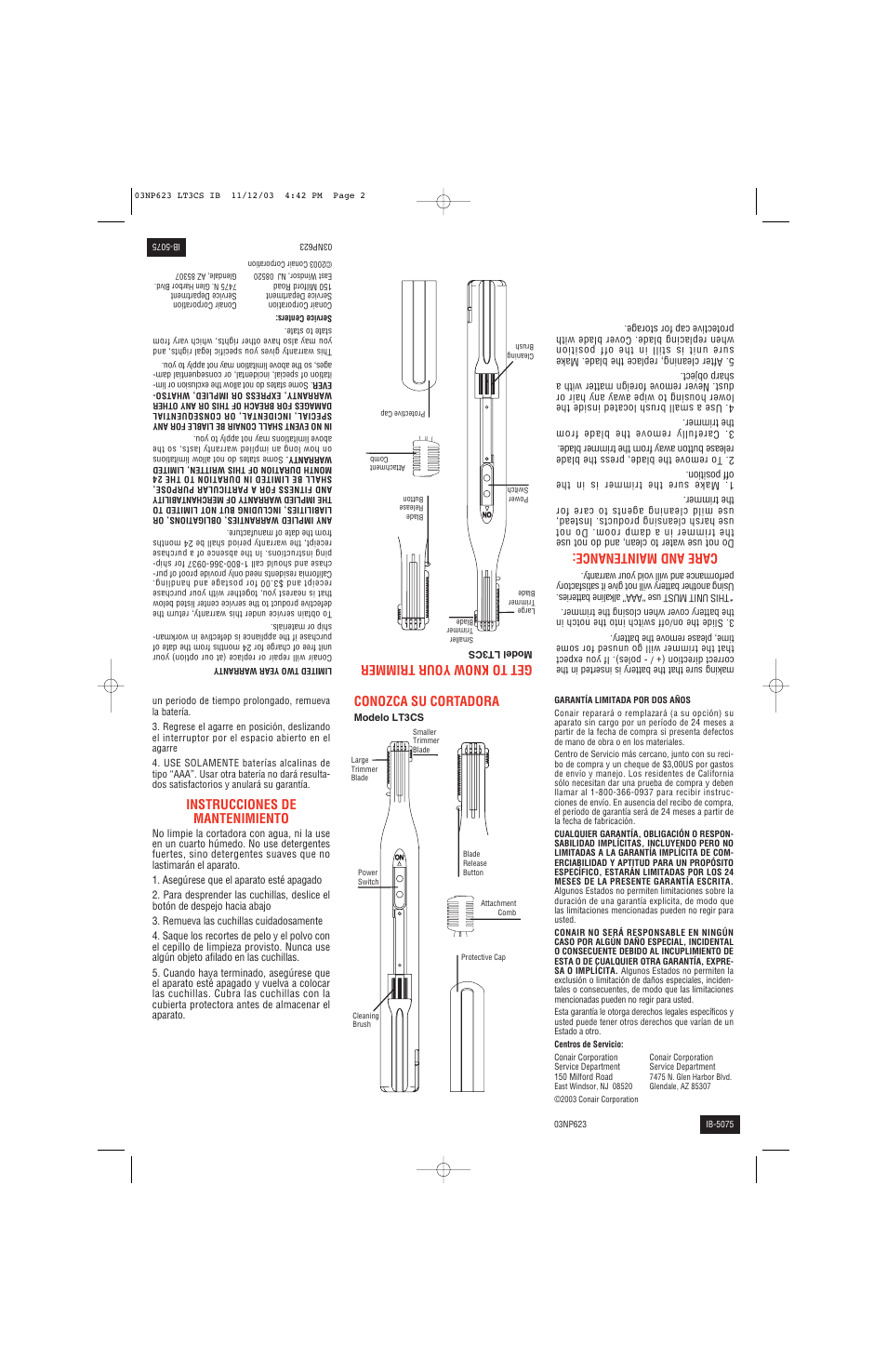 Care and maintenance, Get to know your trimmer, Instrucciones de mantenimiento | Conozca su cortadora | Conair LT3CS User Manual | Page 2 / 2