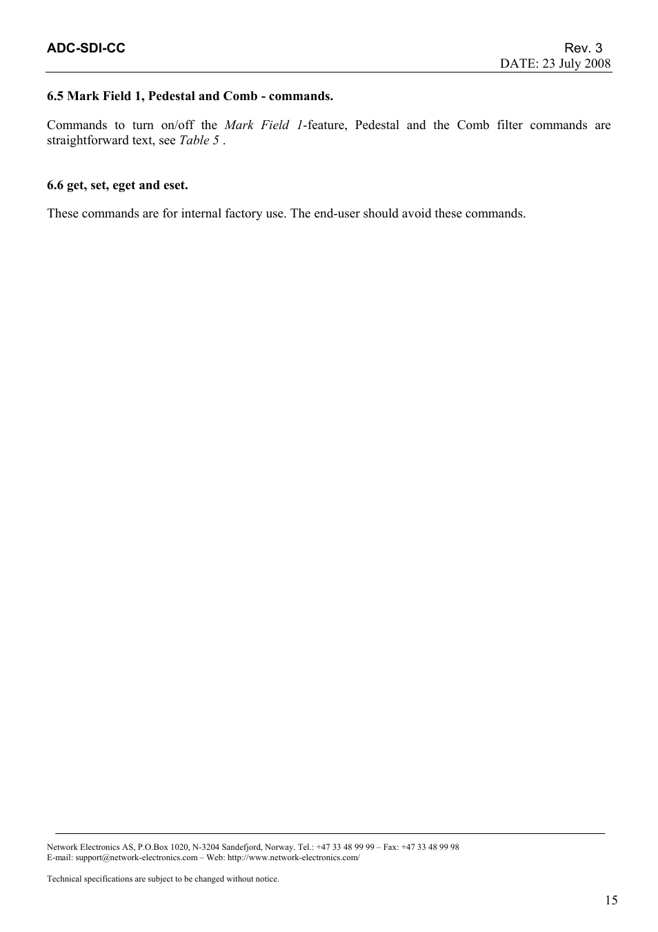 5 mark field 1, pedestal and comb - commands, 6 get, set, eget and eset | Nevion ADC-SDI-CC User Manual | Page 15 / 20
