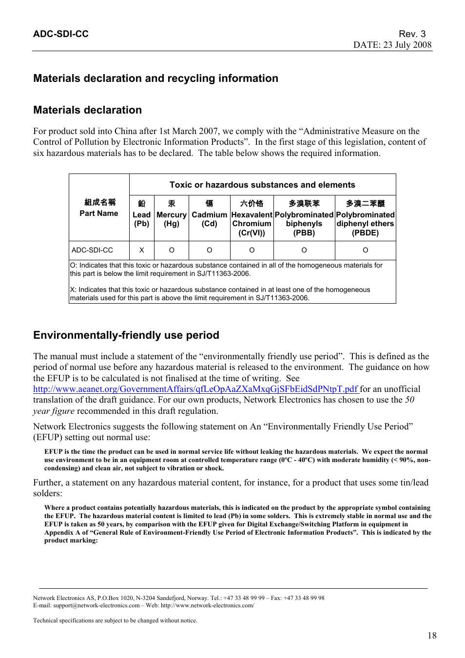 Materials declaration and recycling information, Materials declaration, 組成名稱 | Part name, Toxic or hazardous substances and elements, Lead, Mercury, Cadmium, Hexavalent chromium, Cr(vi)) | Nevion ADC-SDI-CC User Manual | Page 18 / 20