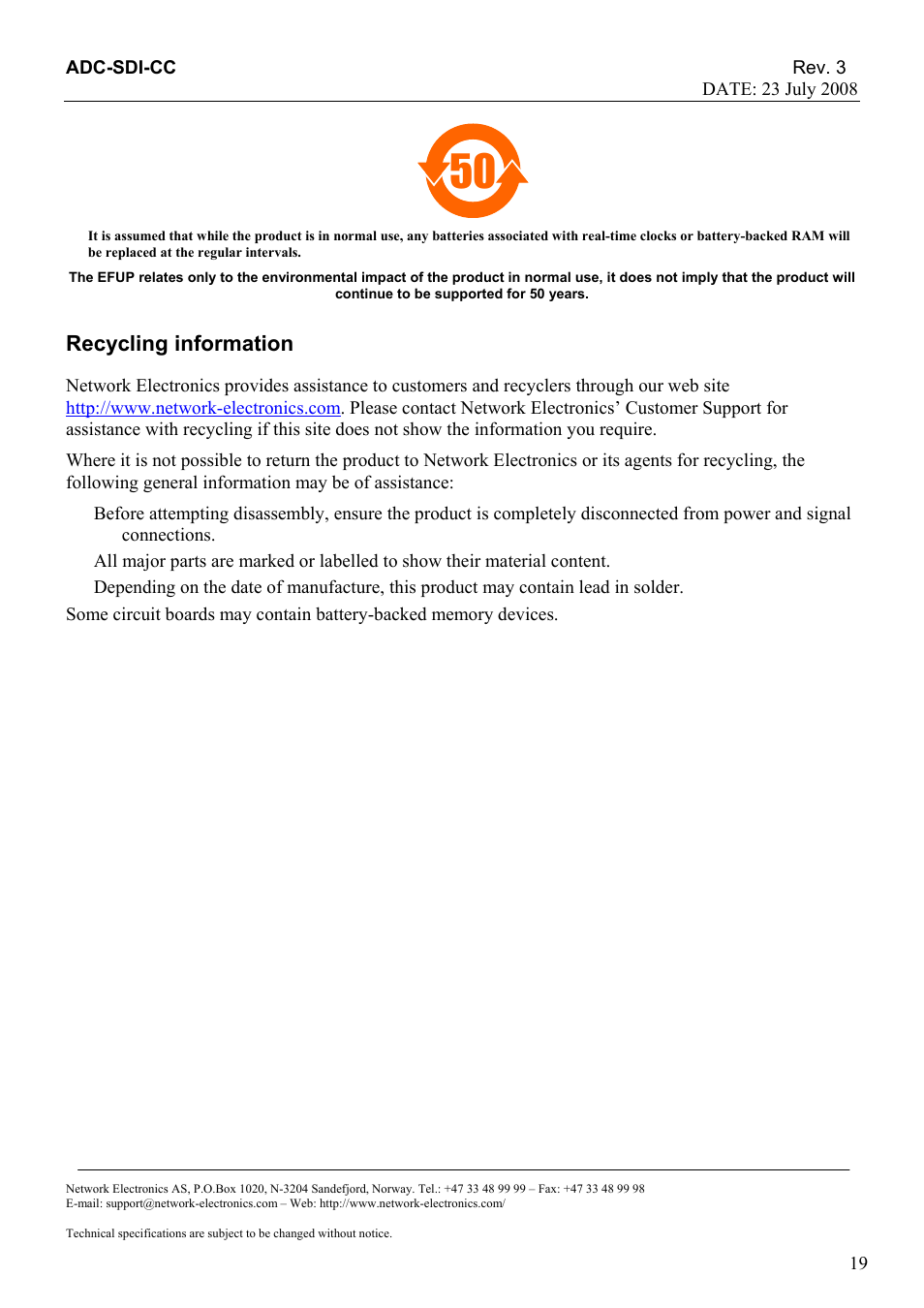 Recycling information | Nevion ADC-SDI-CC User Manual | Page 19 / 20