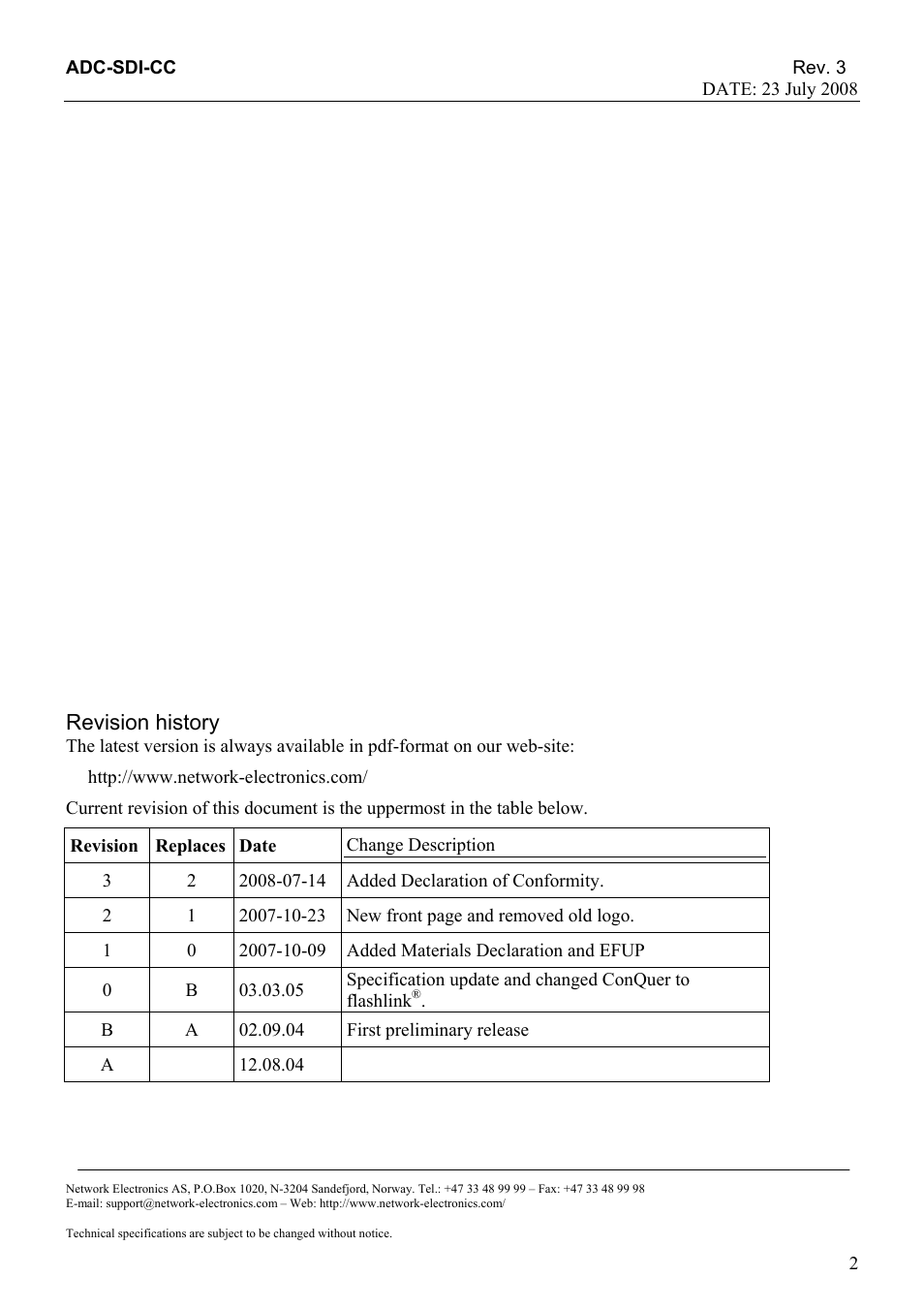 Revision history, Http://www.network-electronics.com, Revision | Replaces, Date, Change description, Added declaration of conformity, Added materials declaration and efup, First preliminary release | Nevion ADC-SDI-CC User Manual | Page 2 / 20