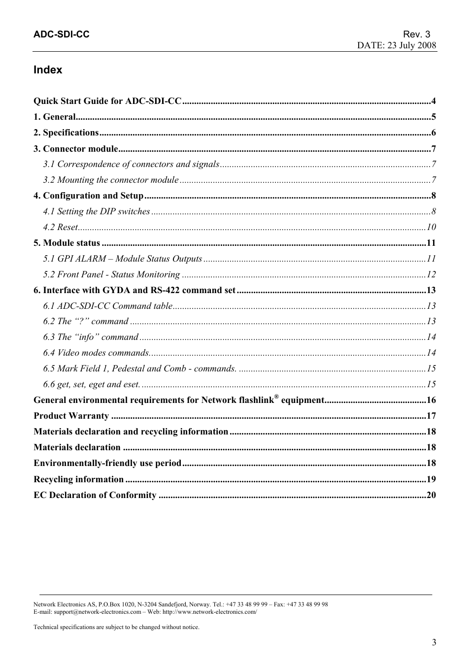 Index, Quick start guide for adc-sdi-cc 4, General 5 | Specifications 6, Connector module 7, 1 correspondence of connectors and signals 7, 2 mounting the connector module 7, Configuration and setup 8, 1 setting the dip switches 8, 2 reset 10 | Nevion ADC-SDI-CC User Manual | Page 3 / 20