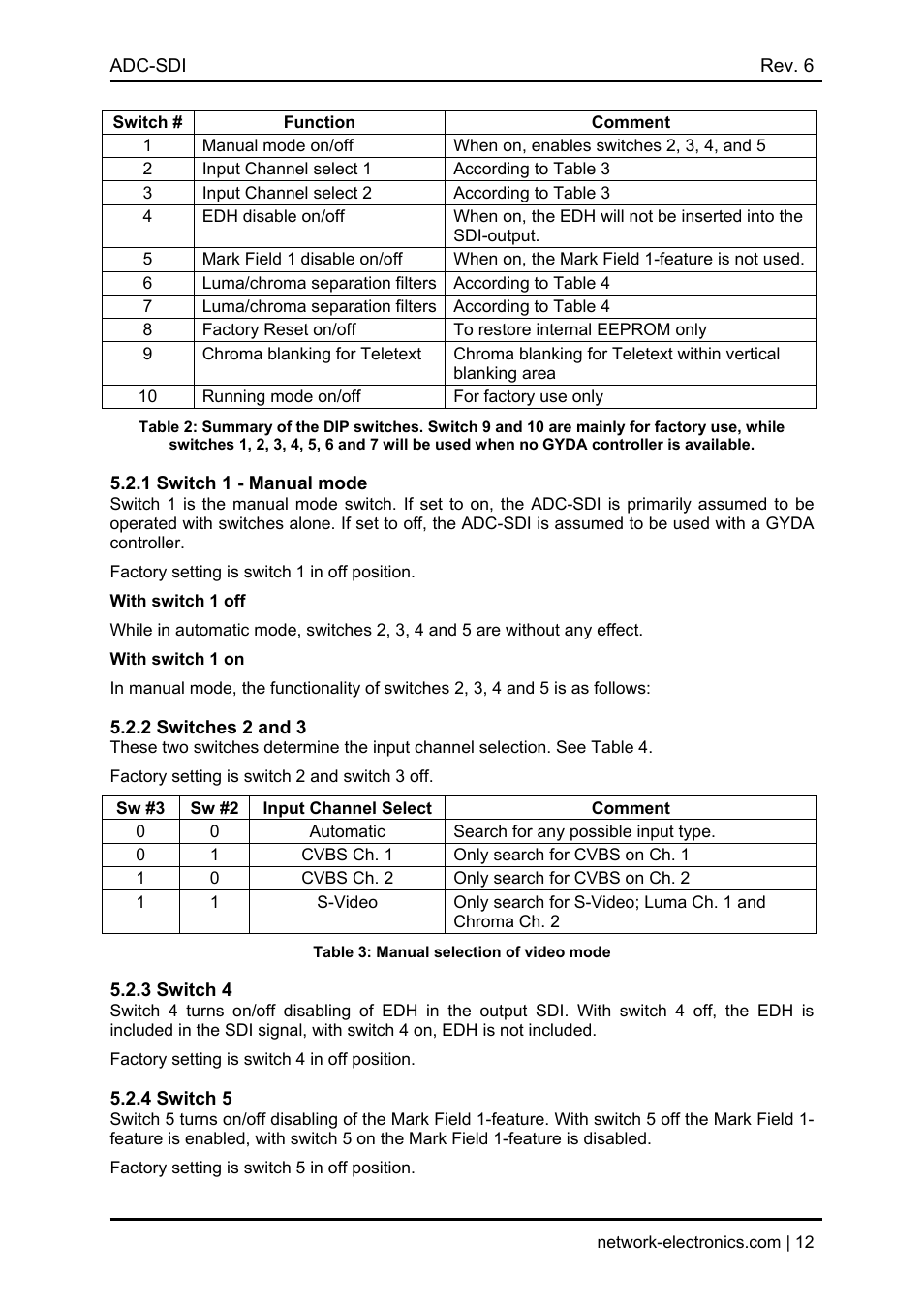 Switch, Function, Comment | Manual mode on/off, When on, enables switches 2, 3, 4, and 5, Input channel select 1, According to table 3, Input channel select 2, Edh disable on/off, Mark field 1 disable on/off | Nevion ADC-SDI User Manual | Page 12 / 21