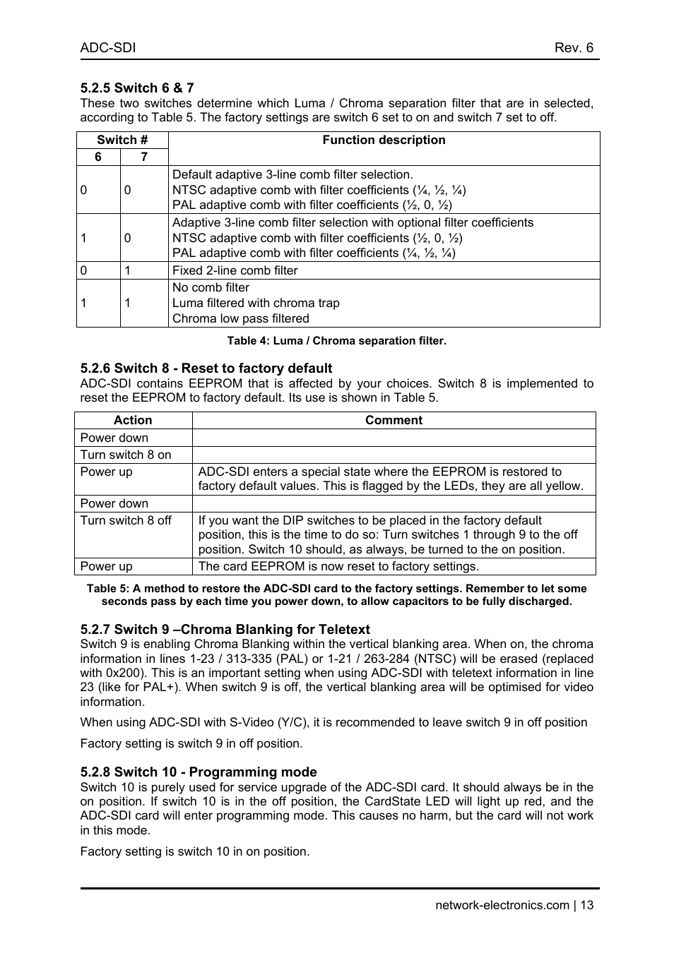 5 switch 6 & 7, Switch, Function description | Default adaptive 3-line comb filter selection, Fixed 2-line comb filter, No comb filter, Luma filtered with chroma trap, Chroma low pass filtered, Table 4: luma / chroma separation filter, 6 switch 8 - reset to factory default | Nevion ADC-SDI User Manual | Page 13 / 21