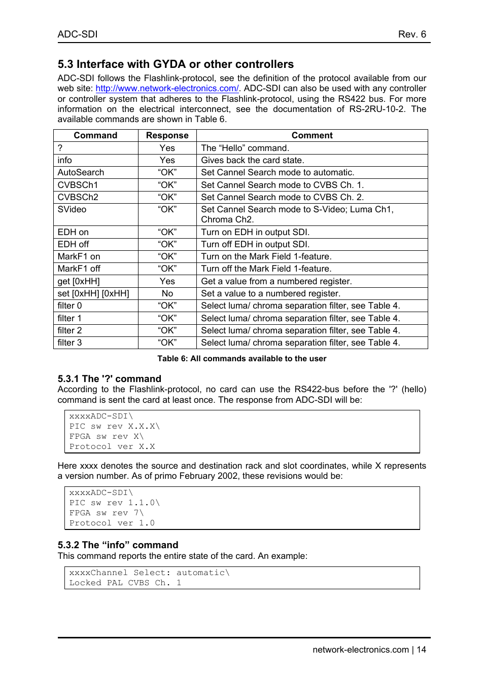 3 interface with gyda or other controllers, Command, Response | Comment, The “hello” command, Info, Gives back the card state, Autosearch, Set cannel search mode to automatic, Cvbsch1 | Nevion ADC-SDI User Manual | Page 14 / 21