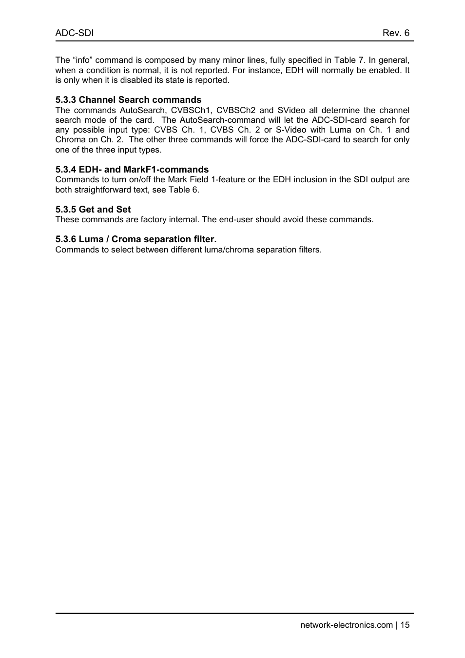 3 channel search commands, 4 edh- and markf1-commands, 5 get and set | 6 luma / croma separation filter | Nevion ADC-SDI User Manual | Page 15 / 21