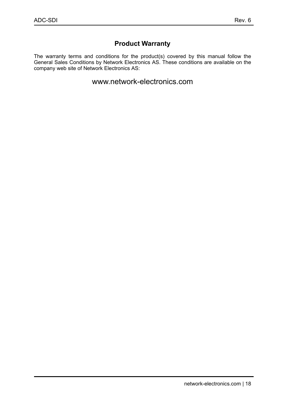 Product warranty, Www.network-electronics.com | Nevion ADC-SDI User Manual | Page 18 / 21