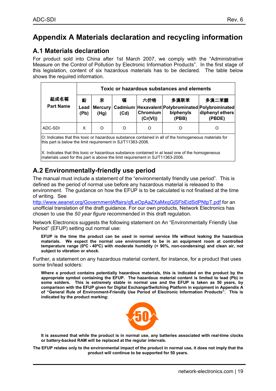 A.1 materials declaration, 組成名稱, Part name | Toxic or hazardous substances and elements, Lead, Mercury, Cadmium, Hexavalent chromium, Cr(vi)), 多溴联苯 | Nevion ADC-SDI User Manual | Page 19 / 21