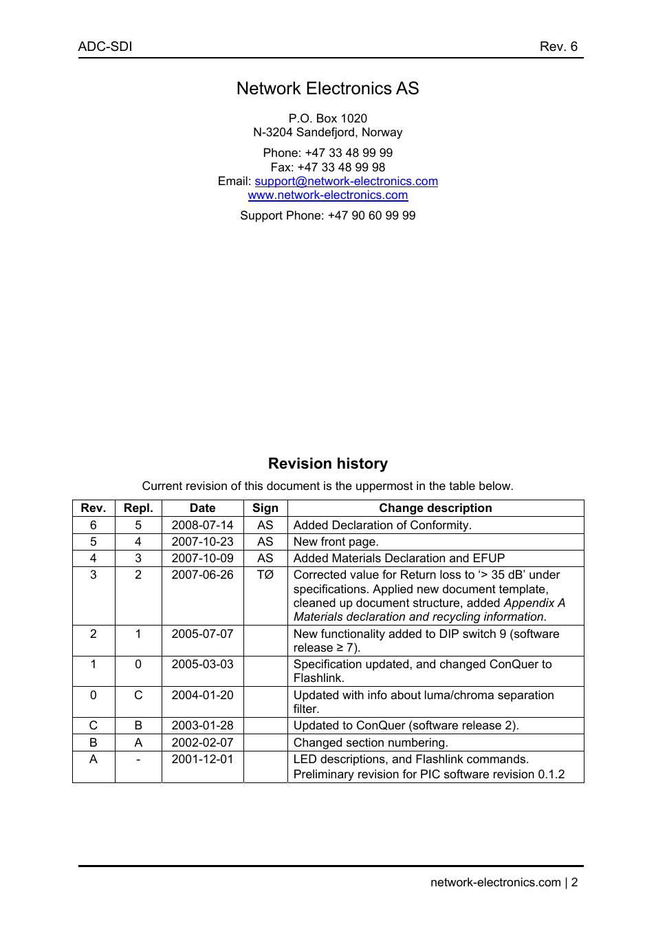 Network electronics as, P.o. box 1020 n-3204 sandefjord, norway, Support phone: +47 90 60 99 99 | Revision history, Repl, Date, Sign, Change description, Added declaration of conformity, Added materials declaration and efup | Nevion ADC-SDI User Manual | Page 2 / 21