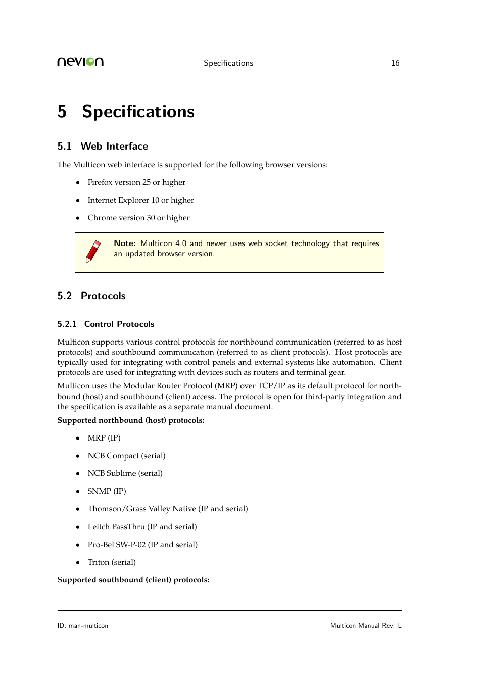 5 specifications, 1 web interface, 2 protocols | 1 control protocols | Nevion Multicon User Manual | Page 16 / 83