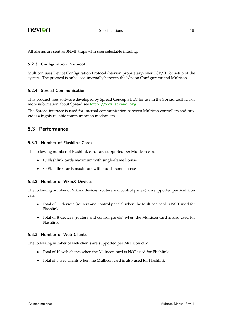 3 configuration protocol, 4 spread communication, 3 performance | 1 number of flashlink cards, 2 number of vikinx devices, 3 number of web clients | Nevion Multicon User Manual | Page 18 / 83