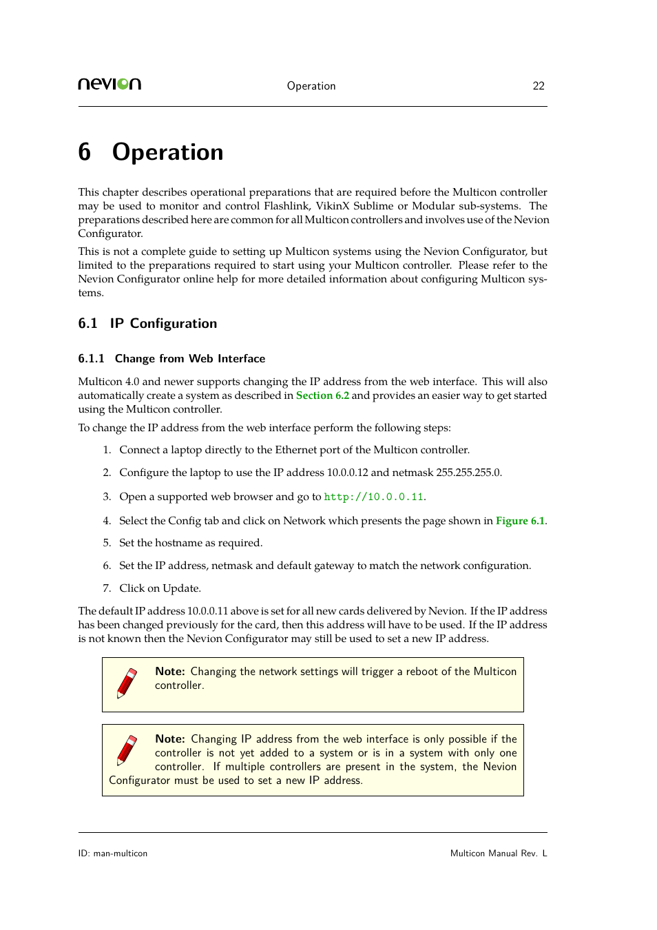 6 operation, 1 ip configuration, 1 change from web interface | Nevion Multicon User Manual | Page 22 / 83