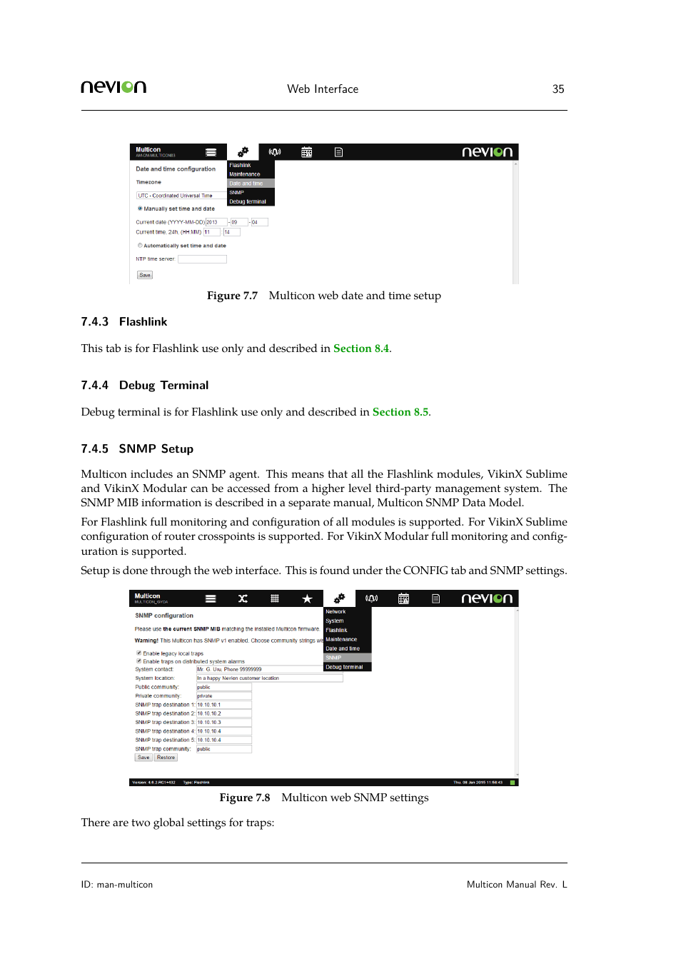3 flashlink, 4 debug terminal, 5 snmp setup | Nevion Multicon User Manual | Page 35 / 83