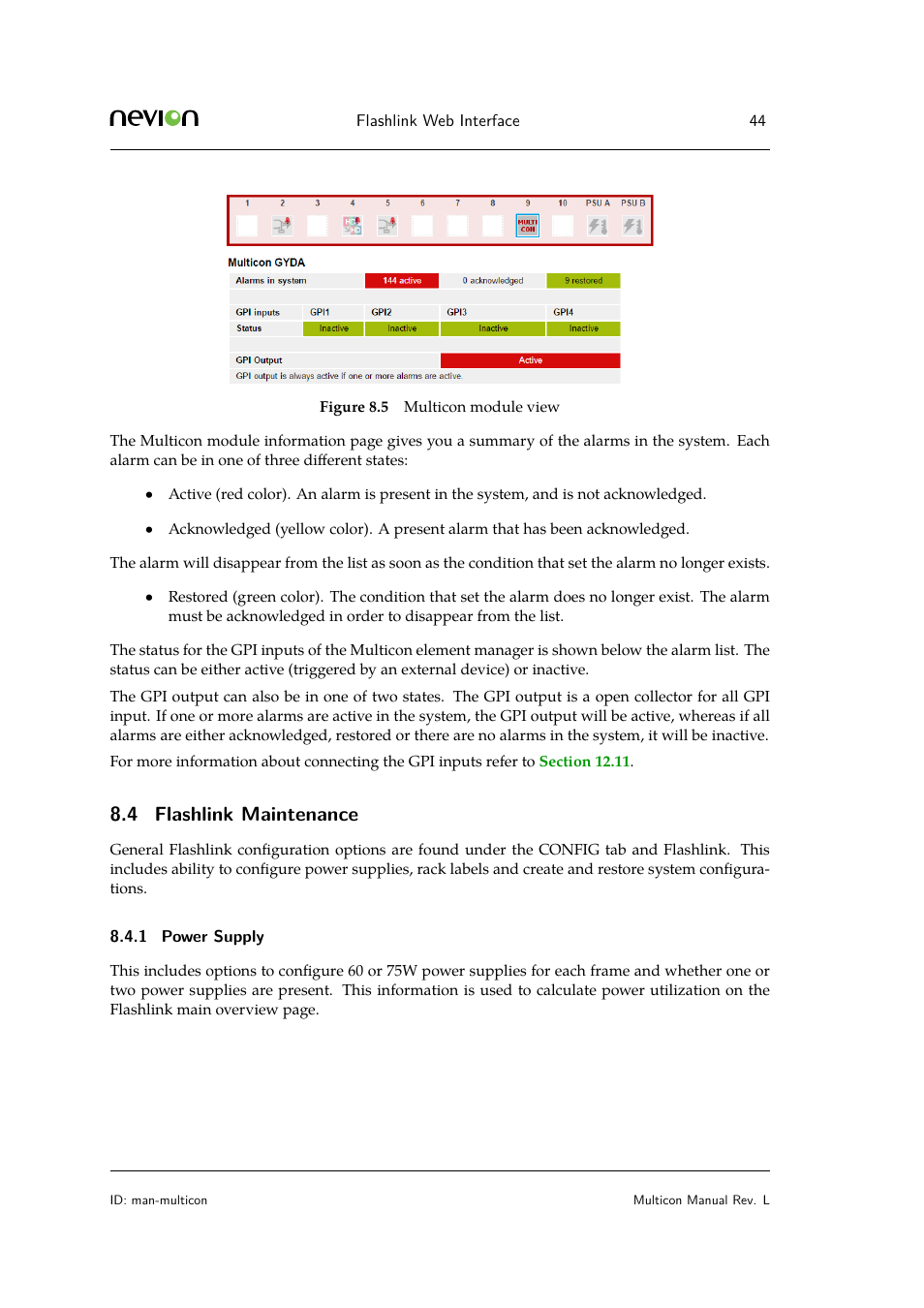 4 flashlink maintenance, 1 power supply | Nevion Multicon User Manual | Page 44 / 83
