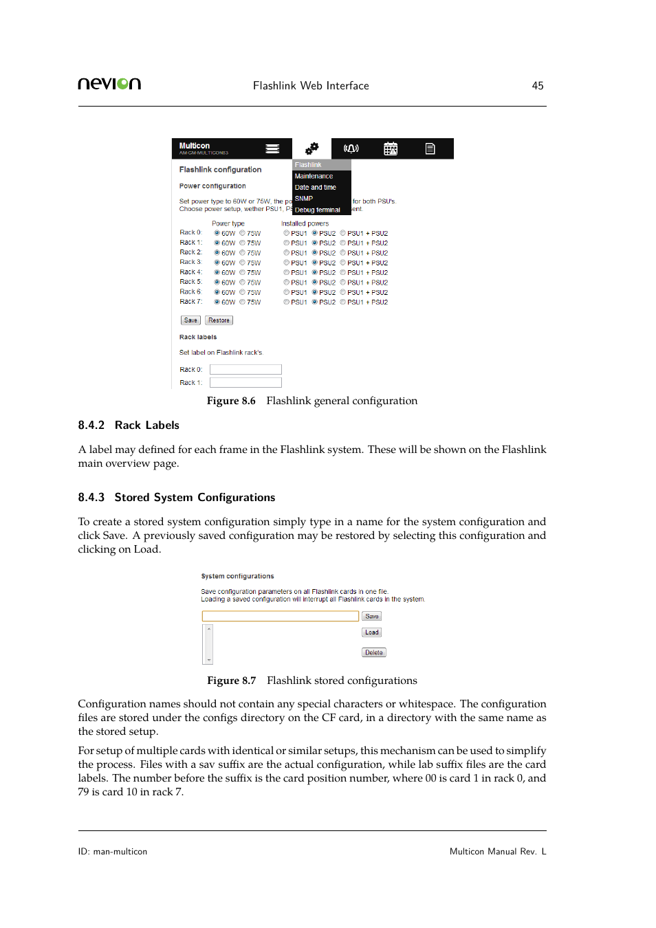2 rack labels, 3 stored system configurations | Nevion Multicon User Manual | Page 45 / 83