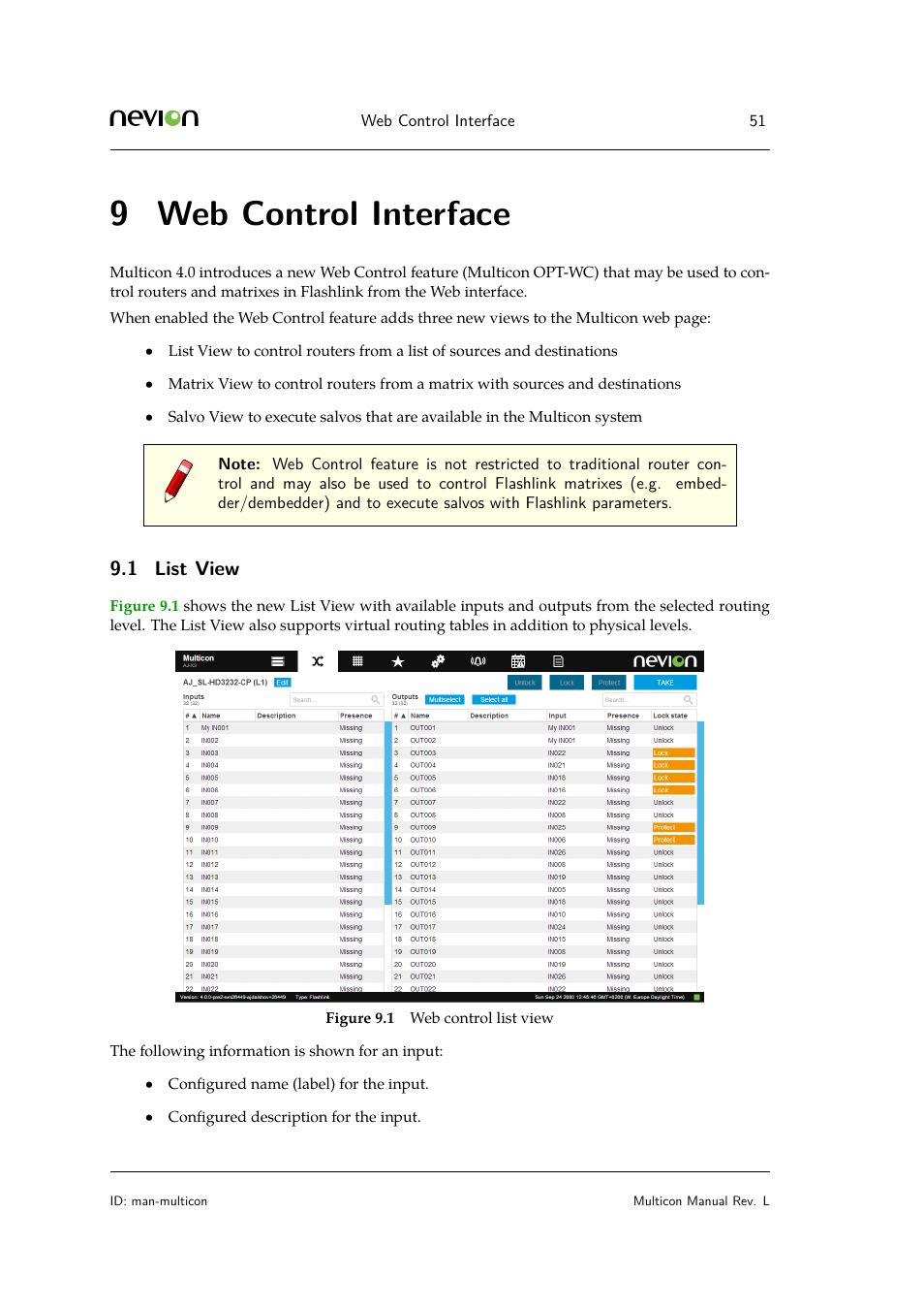 9 web control interface, 1 list view | Nevion Multicon User Manual | Page 51 / 83