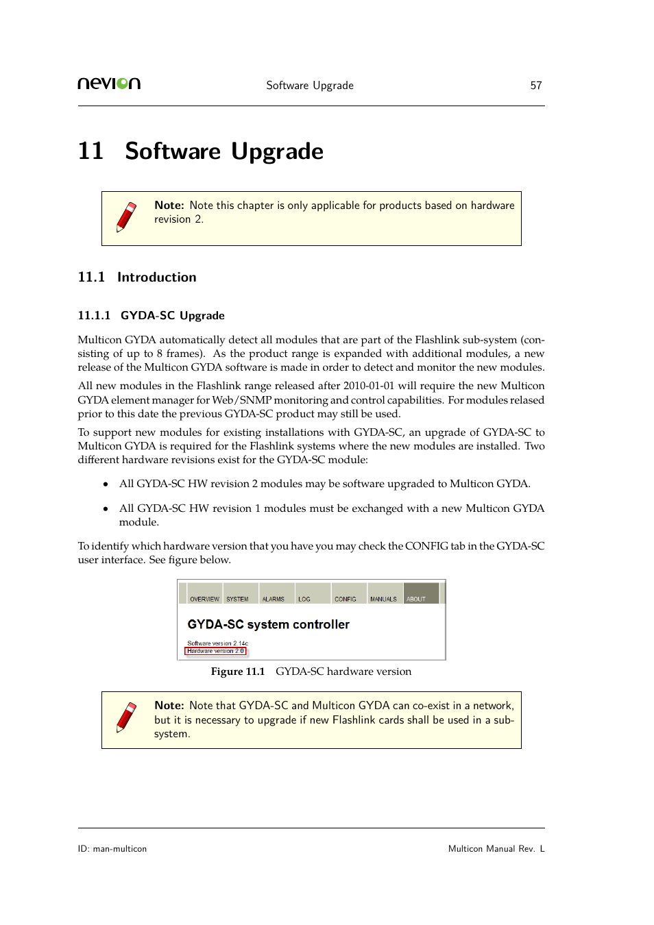 11 software upgrade, 1 introduction, 1 gyda-sc upgrade | Nevion Multicon User Manual | Page 57 / 83