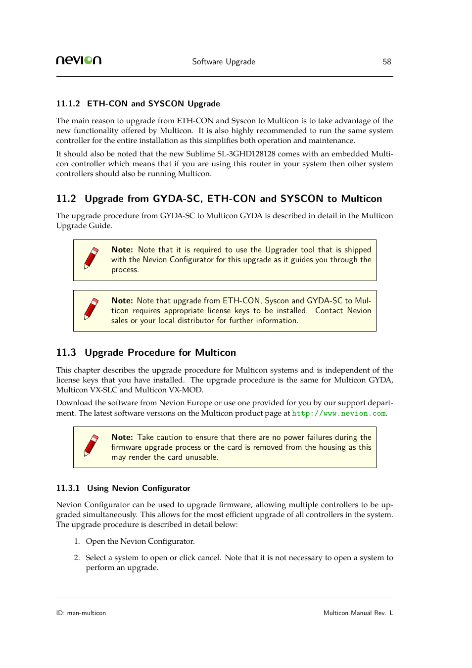 2 eth-con and syscon upgrade, 3 upgrade procedure for multicon, 1 using nevion configurator | Nevion Multicon User Manual | Page 58 / 83