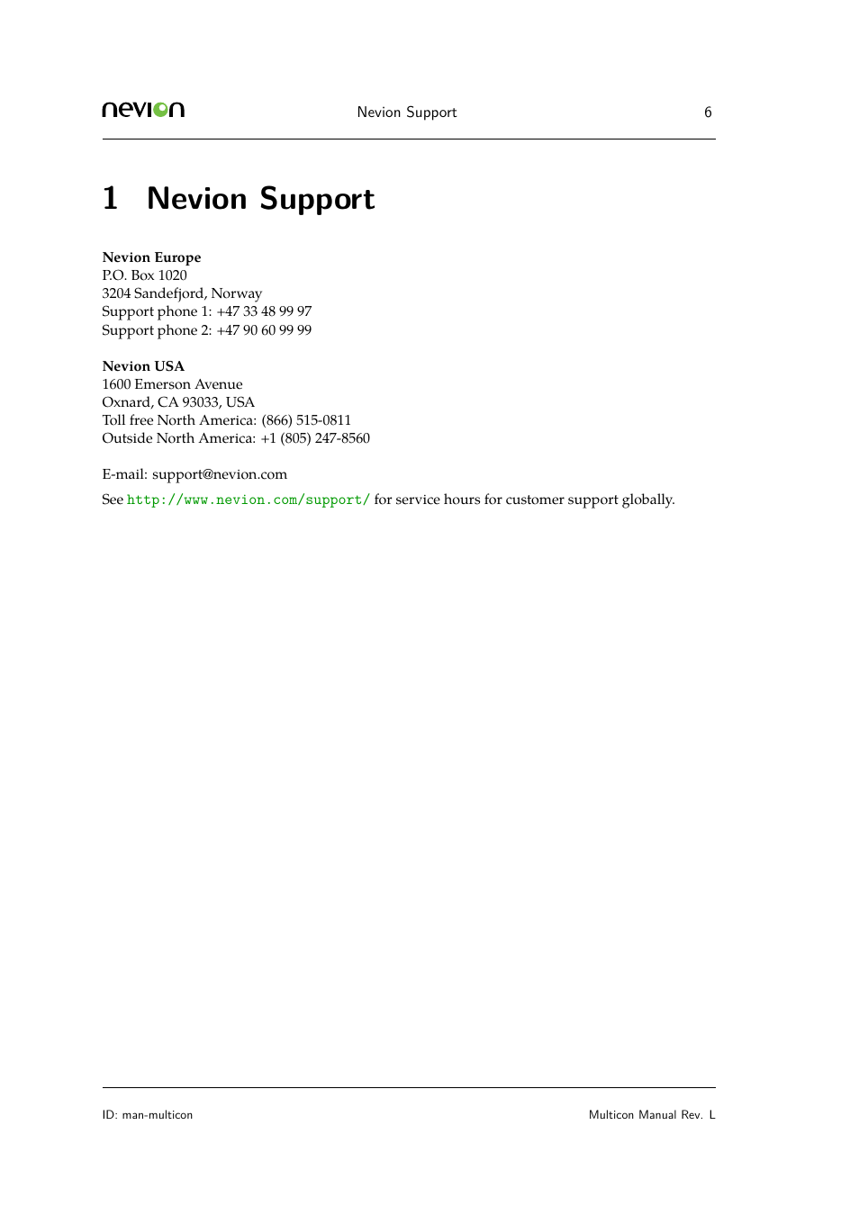 1 nevion support | Nevion Multicon User Manual | Page 6 / 83
