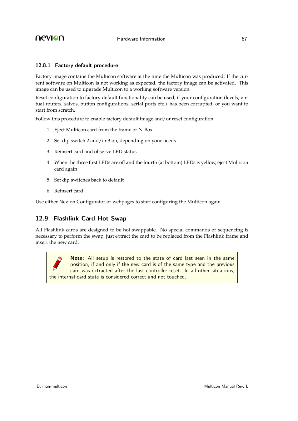 1 factory default procedure, 9 flashlink card hot swap | Nevion Multicon User Manual | Page 67 / 83