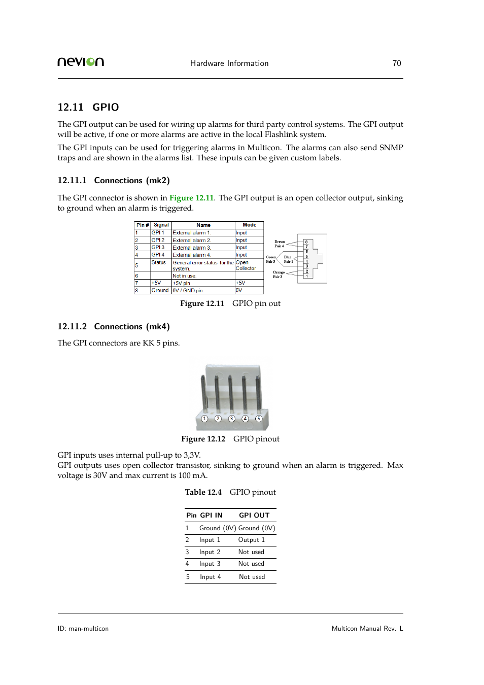 11 gpio, 1 connections (mk2), 2 connections (mk4) | Nevion Multicon User Manual | Page 70 / 83
