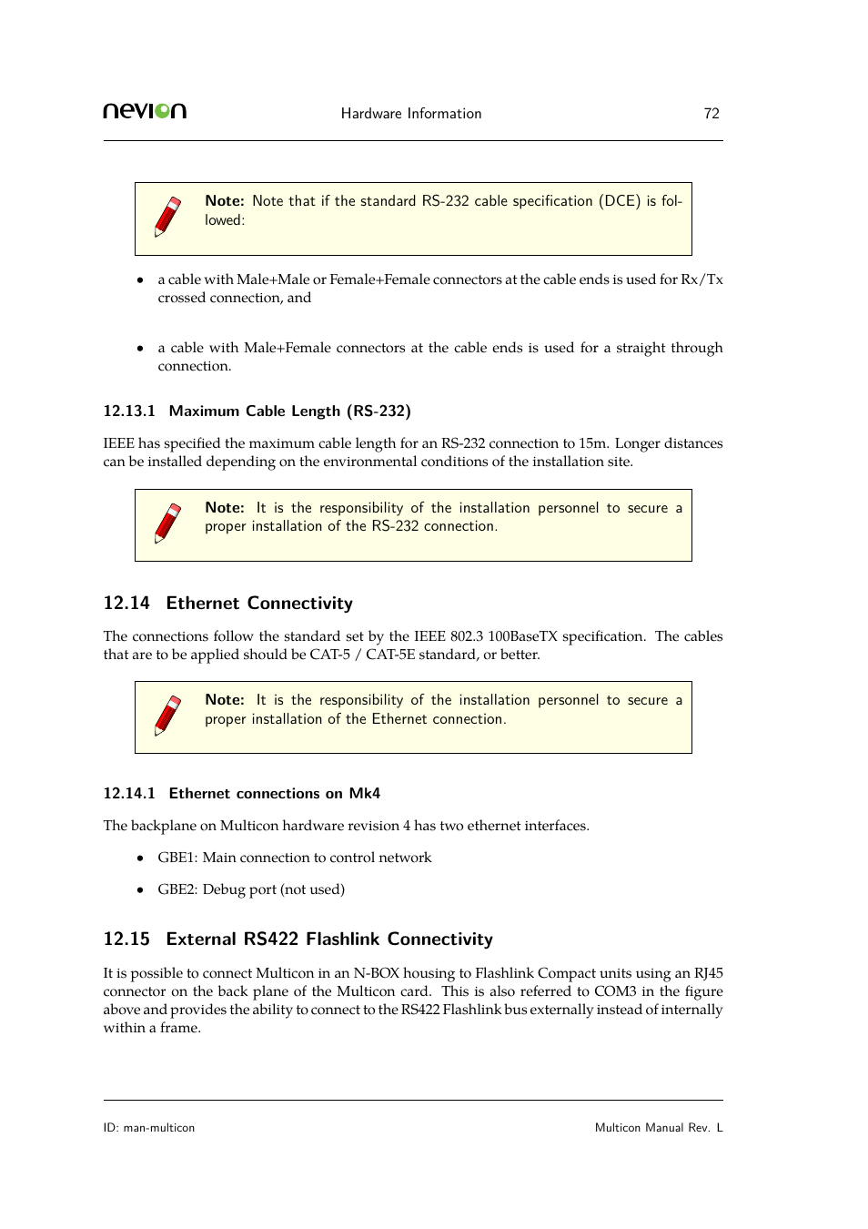 1 maximum cable length (rs-232), 14 ethernet connectivity, 1 ethernet connections on mk4 | 15 external rs422 flashlink connectivity | Nevion Multicon User Manual | Page 72 / 83