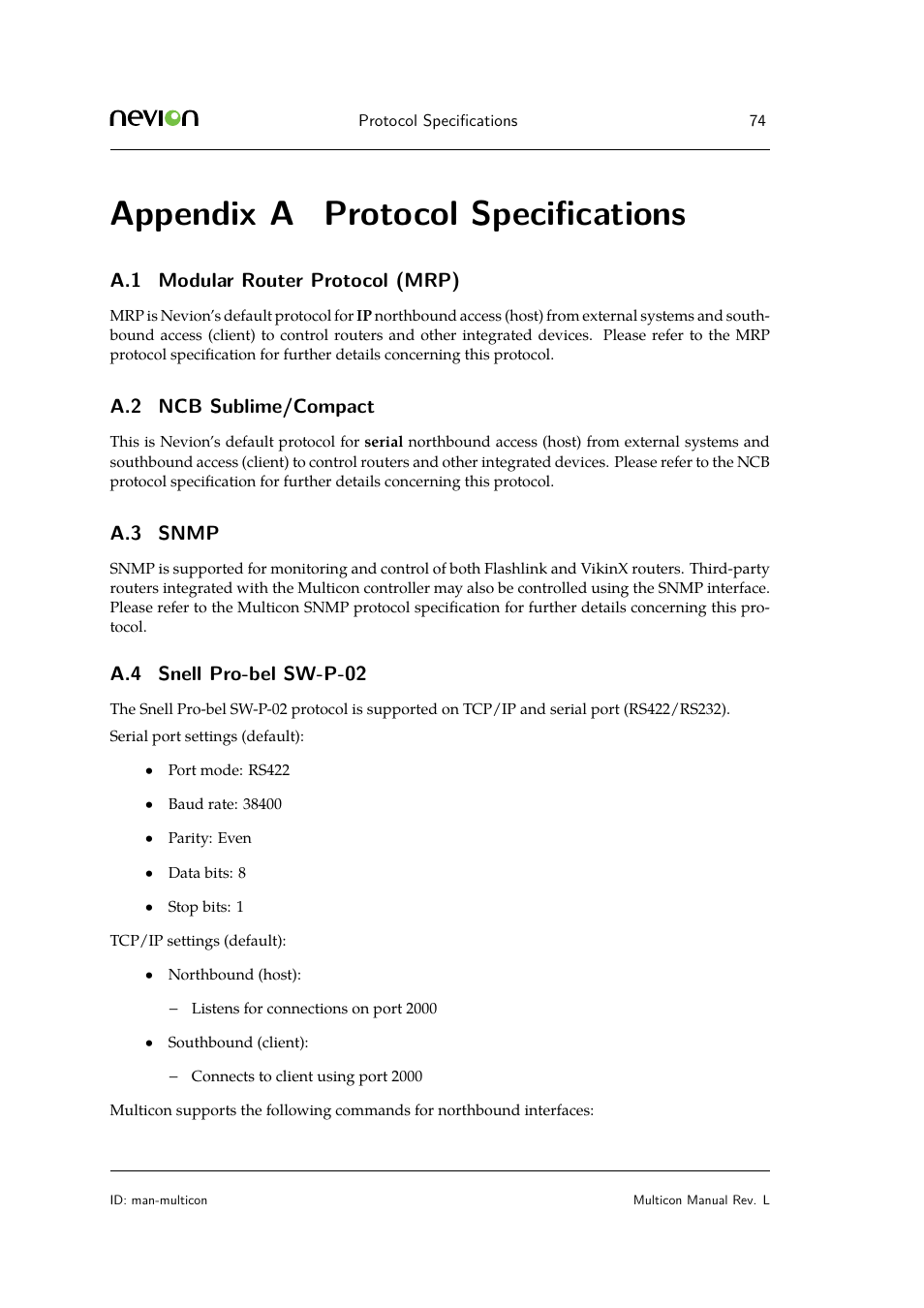 A protocol specifications, A.1 modular router protocol (mrp), A.2 ncb sublime/compact | A.3 snmp, A.4 snell pro-bel sw-p-02, Appendix a protocol specifications | Nevion Multicon User Manual | Page 74 / 83